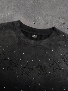 SLATEMANN 男士休闲时尚街头日常通勤字母星形刺绣渐变水洗水钻T恤，夏季 - 黑色 - 查看 3