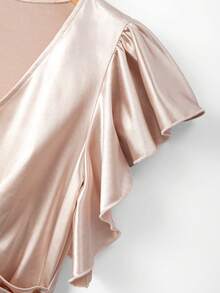 GlowEve Women's Champagne Satin Texture V-Neck Ruffle Sleeve White & Gold Metal Hand-Stitched Button Waist Pleated Design Slimming Fashionable Elegant Commuter Versatile Spring/Summer T-Shirt - Champagne - View 3