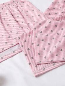 SHEIN Casual 3 Pieces Lounge Set With Cute Heart Print And Pocket Detail - Pink - View 4