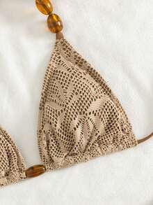 Swim Vcay 3pcs/Set Summer Vacation Sexy Pearl Halter Backless Triangle Bikini Set With Drawstring And Tie-Up Mini Skirt - Brown - View 3