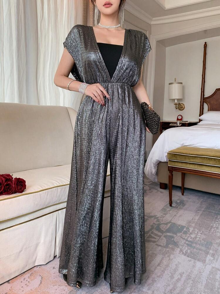 Spring & Summer Shiny Two Pieces Contrast Color Patchwork Batwing Sleeve Shawl Collar Dress, Suitable For Valentine's Day, Wedding, Party, Banquet, Fashion Show, Loose Waist Elegant Commuter Wide Leg Pants Romper