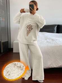 DAZY Conjunto de pijama folgado de malha de lã com estampa de sorvete, 2 peças, para mulheres. - Branco - Ver 4
