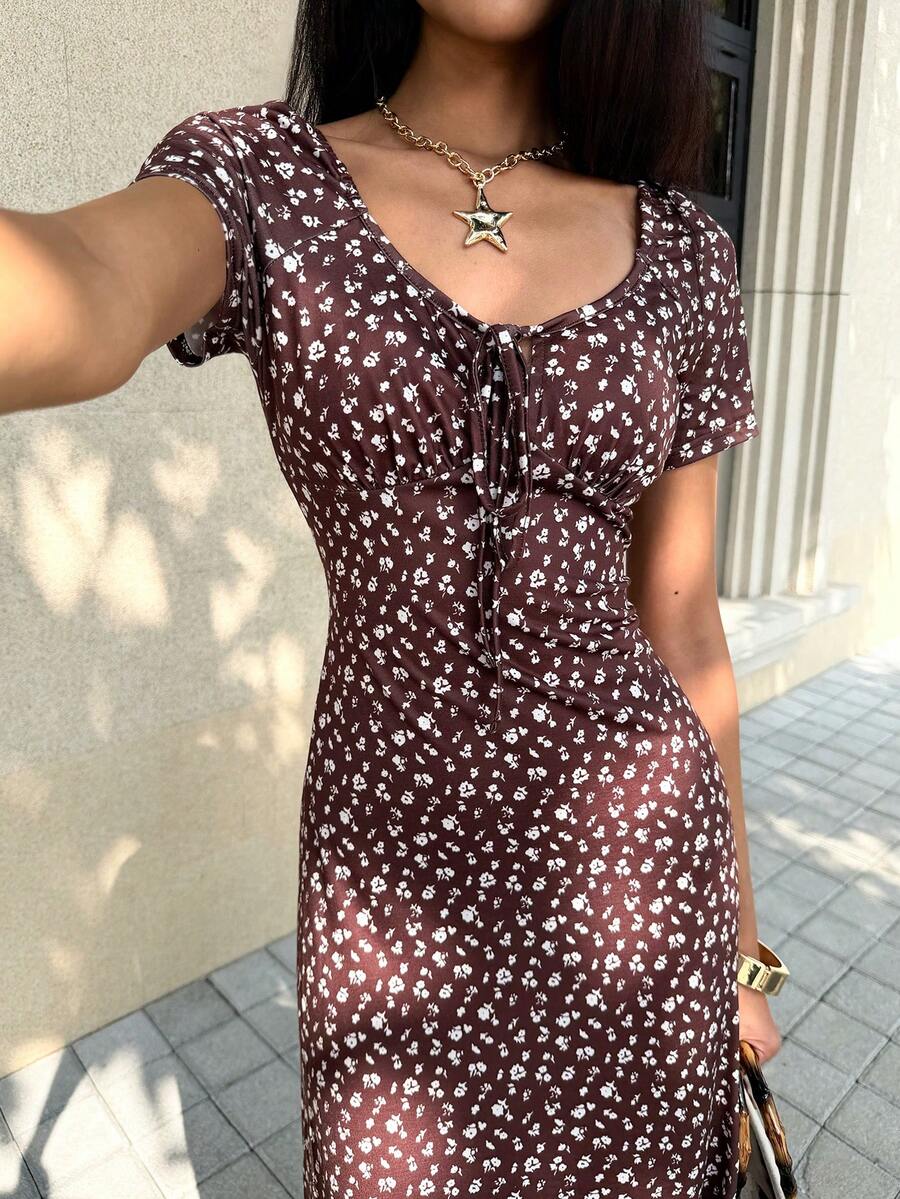 SHEIN Unity Women's Casual Ditsy Floral Round Neck Dress, Summer - Coffee Brown - View 1