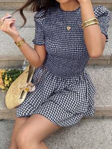 Sunnyshic 女士红色格子弹力圆领花瓣袖A字下摆修身浪漫沙滩度假迷你连衣裙 - 藏蓝色 - 查看 3