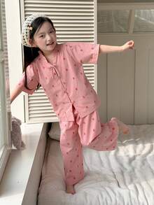 DAZY Conjunto de pijama de pantalón y blusa de manga corta con botones y estampado floral para niña, primavera-verano - Rosa - Ver 7