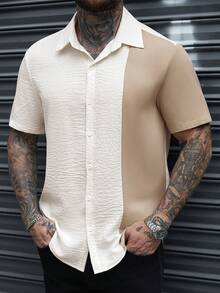 Manfinity CasualCool 男士休闲日常办公通勤简约纯色纹理面料短袖衬衫，夏季米色男士衬衫，男士纹理衬衫，街头风男士衬衫，男士短袖衬衫，奶油色衬衫，男士日常休闲、周末旅行、远足、轻松的工作环境，男友/丈夫礼物，周年纪念/生日礼物，派对，夏季假期，婚礼 - 彩色 - 查看 4