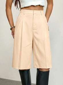 SHEIN Tall Spring Simple Commuting Gray Bermuda Women Shorts Suit - Apricot - View 7