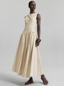 Ontre 2026春夏新款女士条纹拼接优雅圆领无袖收腰褶裥休闲连衣裙，适合日常穿着、复活节、夏季、休闲、长款、节日、婚礼等场合。 - 杏色 - 查看 6