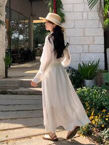 Women's Floral Embroidered Long Sleeve Shirt And Midi Skirt Casual 2-Piece Set Summer Lounge Sets For Women - White - View 7