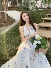 DAZY Women's Tie-Up Korean Style All-Over Print Midi Dress - White - View 1