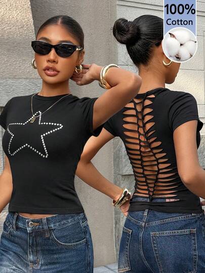 Muchica Black 100% Cotton Fitted Women's Star Glitter Details Round Neck Casual Versatile Short Sleeve Cut Out Back Detail T-Shirt, Spring / Summer Women, Street Wear, Grunge Women Sexy Top