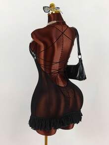 Amplova Vestido mini ajustado con cuello halter, tirantes finos y espalda descubierta para mujer - Negro - Ver 6