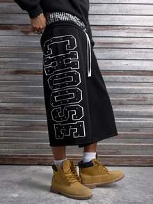 AXEPEAK Men's Letter Print Drawstring Waist Rhinestone Decor Casual Versatile Daily Wear Shorts - Black - View 2