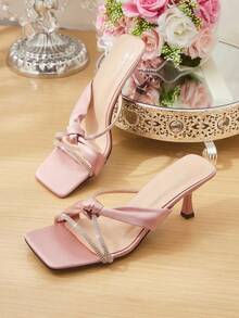 CUCCOO HITCHD Women's Fashionable White Transparent Clear PVC Crystal Heeled Mule Sandals, Square Toe Mid Heel Sandals For Commute, Date, Party, Holiday, Wedding - Pink 1 - View 5