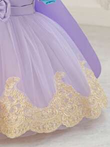 SHEIN Glamorique Kids Baby Girl Lavender Princess Dress,Elegant Summer Flower Girl Bridesmaid Gown,Purple Mesh Puffy Ball Dress With Cloak,Bubble Sleeve Birthday Partywear - Purple - View 5