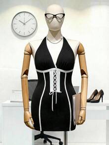 Fantasy Costume OL制服深V交叉显瘦女老板女仆领带花卉蕾丝撞色黑白外套，适合酒吧、派对、大码内衣 - 黑與白 - 查看 6