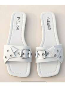 Sandalias planas con punta cuadrada con hebilla - blanco - Ver 7