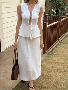 Livesso 春夏白色荷叶边系腰无袖开衫背心上衣和A字裙套装，优雅休闲，适合海滩、婚礼、情人节等场合。 - 米色 - 查看 3