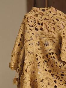 Anewsta Women's French Elegant Hollow Floral Patterned Waist A-Line Knit Top, Summer - Yellow - View 8