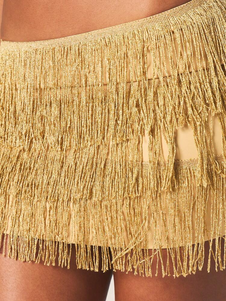 MISSGUIDED Spódnica mini z metalicznym frędzlem, wielowarstwowa, z frędzlami, na imprezę klubową, festiwal, kostium, lśniący strój wieczorowy