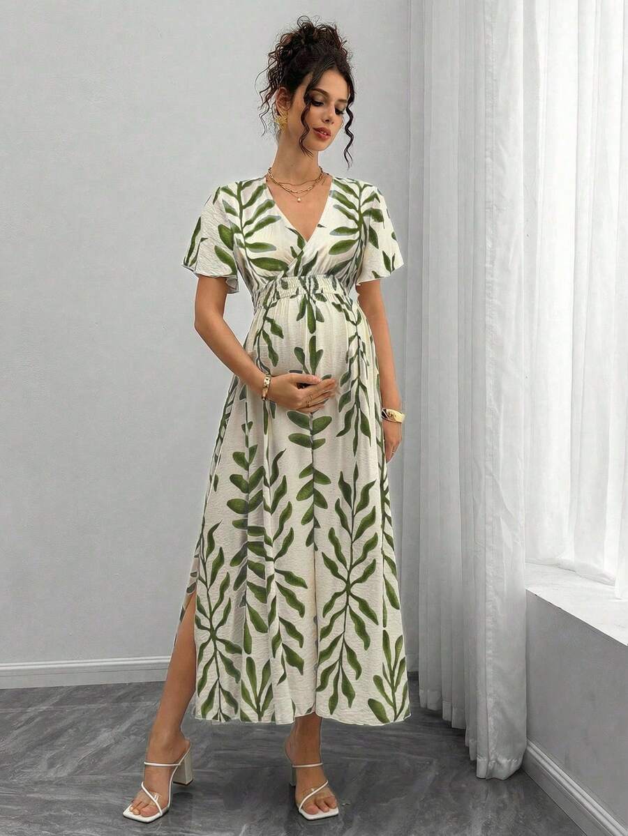 Momance Maternity All-Over Print Shirred Casual Short Sleeve Dress - Green - View 1