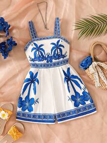 Sparklyn 少女热带印花褶皱后背翻折吊带连体衣，夏季海滩度假 - 藍色 - 查看 1
