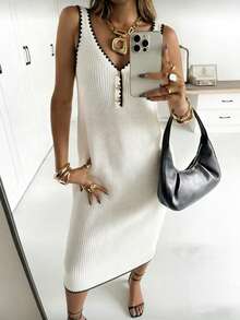 INAWLY Women's Casual Everyday Commute Versatile Contrast Binding V-Neck Sleeveless Sweater Dress - Beige - View 3