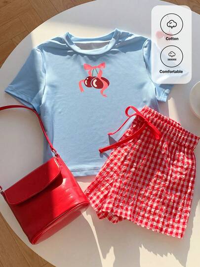 Comfortcana 樱桃印花T恤和格子短裤套装，休闲夏季装扮
