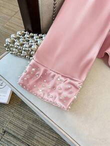 SHEIN Clasi 大码女式短袖衬衫，优雅闪亮浪漫水钻装饰袖口和领口 - 淺粉色 - 查看 3