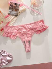 PetitDoll Women's Solid Color Ruffle Hem Cute & Sweet Thong Panties - Pink - View 2