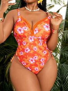 Slaydiva 2026 Nouveau Maillot de bain une pièce ajusté pour femmes grandes tailles avec imprimé floral aléatoire, style mode vacances et casual, cordon de serrage, col montant profond en V, bretelles épaisses réglables - Multicolore - Voir 1
