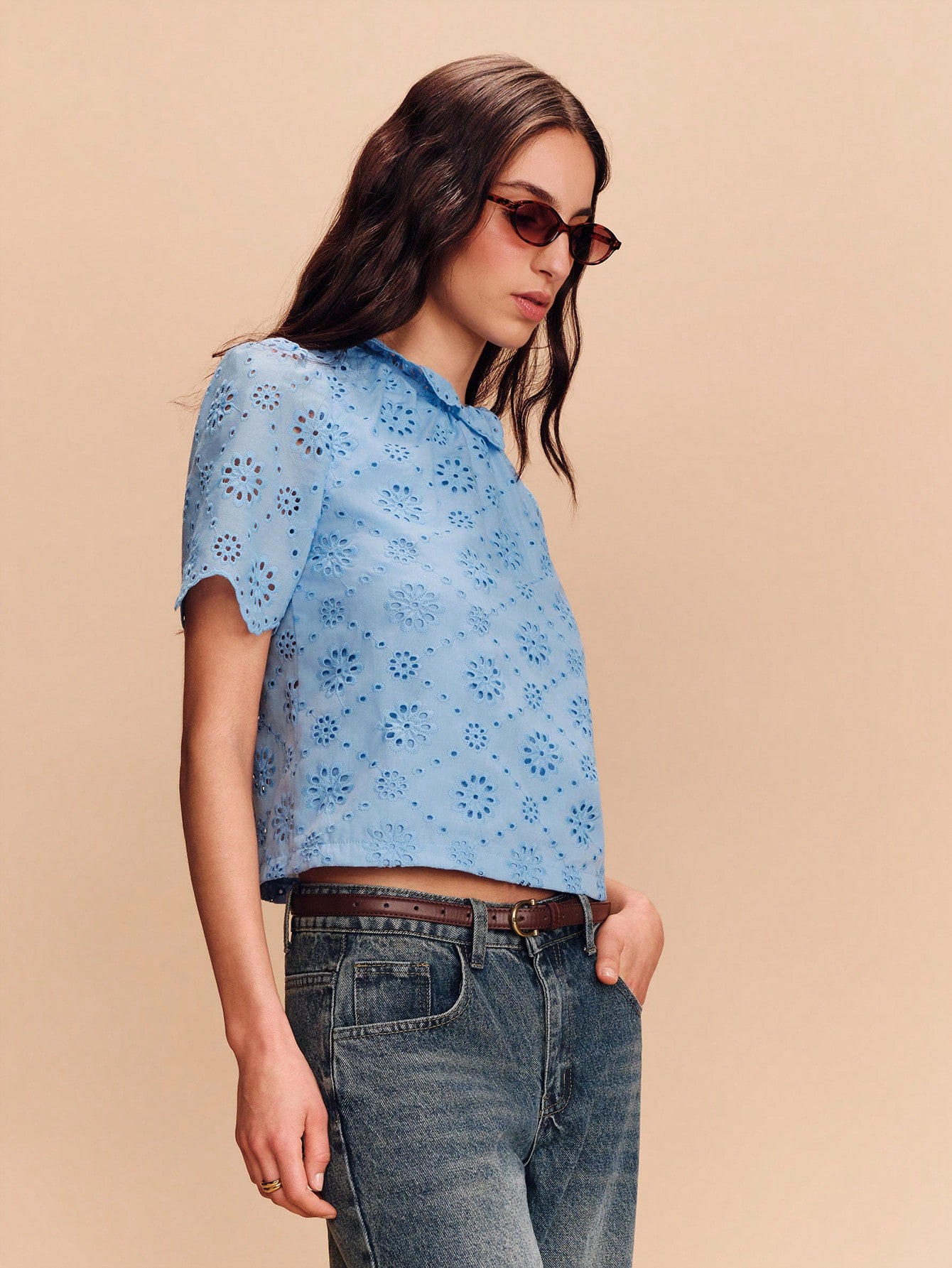 Blue Embroidered Blouse With Cute Ruffle Details Spring Summer Style French Style Parisian Style Office-Wear Going Out