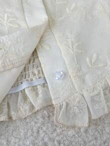 GlowEve Apricot Embroidered Frill Trim Button-Up Vacation Blouse For Women - Apricot - View 5