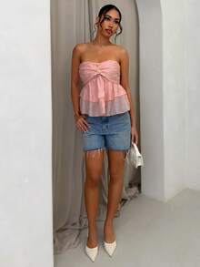 Glamine Áo croptop quây ngực xếp ly bằng vải thun co giãn họa tiết sao biển, viền bèo nhún. - Hồng - Xem 5