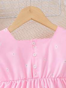 SHEIN 女童短袖泡泡袖连衣裙，粉色雏菊公主裙，可爱休闲时尚夏季度假连衣裙 - 粉色 - 查看 4