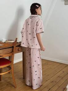 DAZY Tween Girl Bow & Striped Print Short Sleeve Top And Pants Pajama Set Summer - Pink - View 2