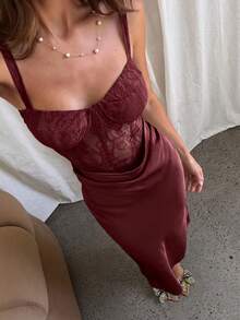 Aloruh 女士橄榄绿缎面蕾丝拼接连衣裙，派对礼服，约会礼服，秋冬款 - 酒紅色 - 查看 9