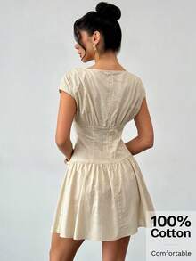 Firerie Đầm mini nữ thanh lịch, tối giản, tinh tế, trang nhã, phù hợp đi làm, dạo phố, thoải mái hàng ngày, đi nghỉ mát, đi biển, xếp ly eo, tay ngắn, dáng chữ A, màu mơ, chất liệu vải lanh, thích hợp cho mùa xuân/hè. - Màu be - Xem 12