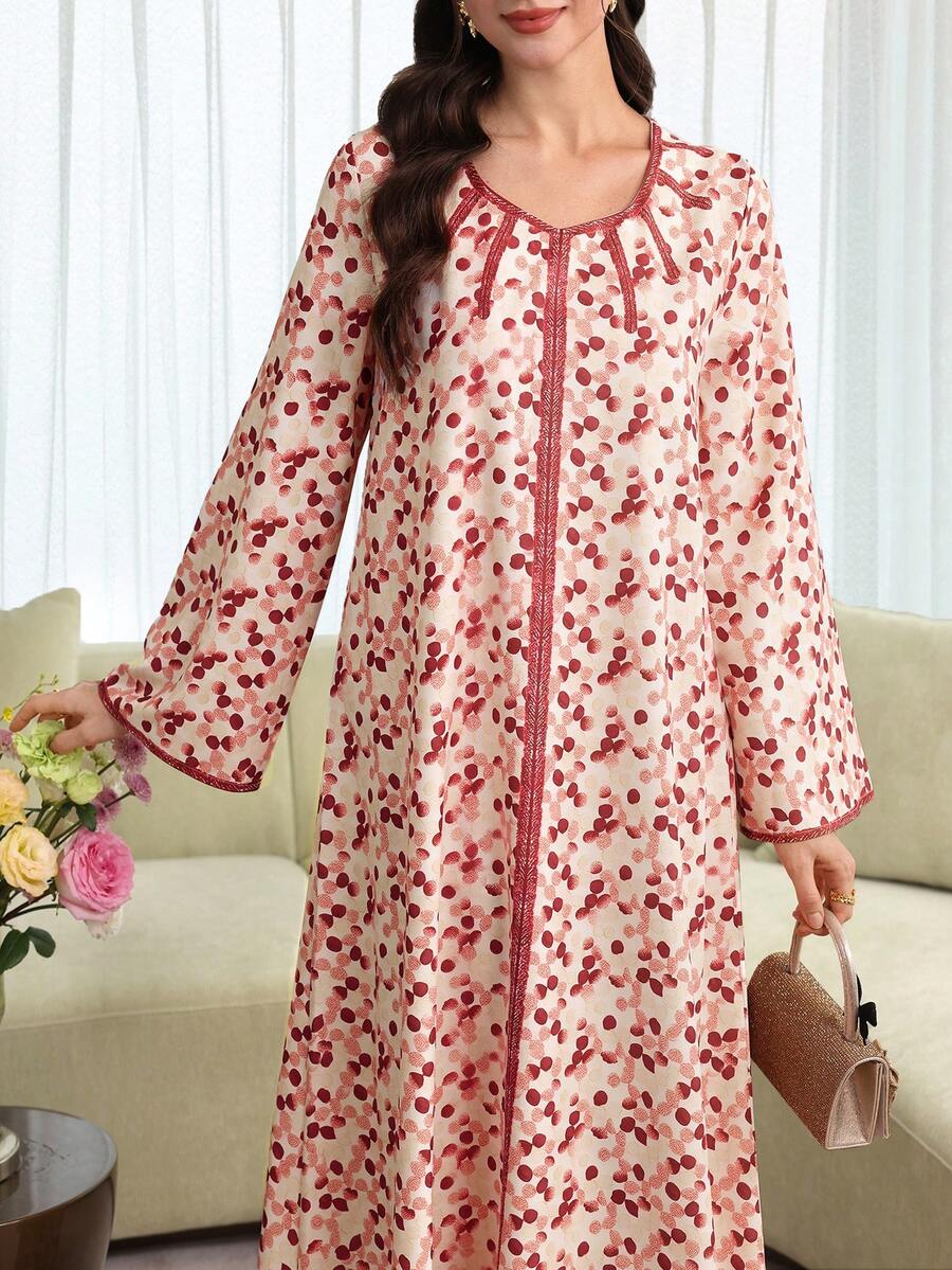 Al Najma Vestido árabe estilo del Medio Oriente con estampado de arrugas y cuello en V que estiliza la figura - Multicolor - Ver 1