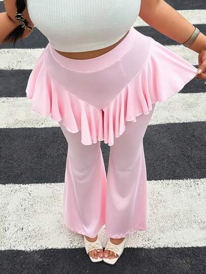 Easura Plus Size Ruffle Waist Solid Color Flare Leg Long Pants