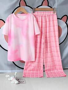 Sparklyn Girls' Casual Cute Plaid Cherry Print T-Shirt And Pants Set - Pink - View 9