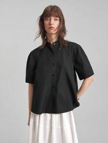 Ontre 2026春夏新款女士休闲纯色前开襟短袖衬衫，适合教师、办公室、商务休闲、都市通勤等场合。 - 黑色 - 查看 4
