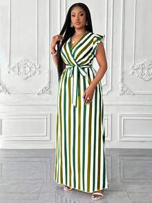 Đầm maxi dáng rộng dành cho nữ, màu xanh lá cây và trắng kẻ sọc, tay bồng, có thắt lưng, kiểu dáng thanh lịch, thích hợp cho dự tiệc cưới và các buổi tiệc mùa xuân & hè. - màu xanh lá - Xem 5