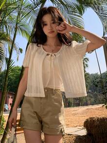 DAZY Áo dệt kim tay cánh hoa mỏng nhẹ, thoải mái cho nữ mùa hè, kiểu dáng thường ngày, có dây buộc phía trước. - trắng - Xem 10