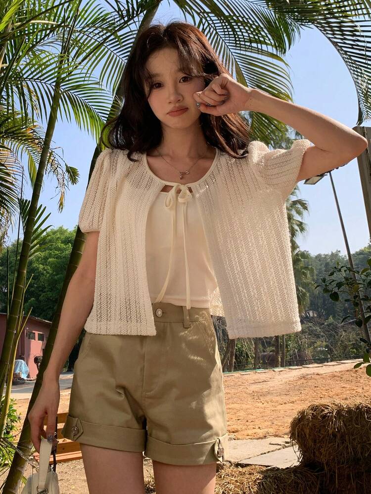 Women's Summer Casual Vacation Semi-Sheer Petal Sleeve Knit Top With Front Tie