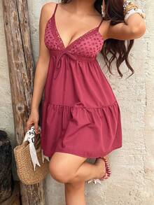 Sunnyshic Đầm ngắn nữ kiểu dáng thường ngày, đa năng, màu trơn, phối ren thêu, cổ chữ V, dây mảnh, thích hợp cho kỳ nghỉ, mùa xuân/hè. - Đỏ - Xem 7