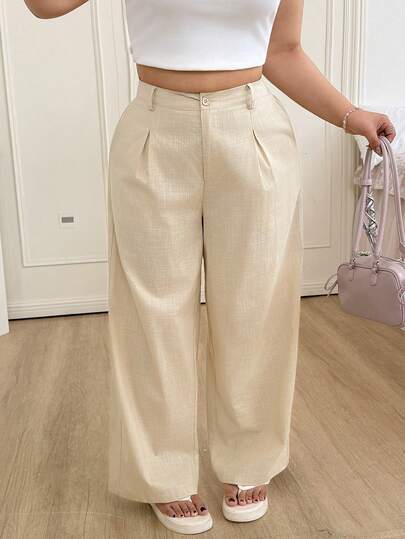 SHEIN EZwear Plus Size Solid Color Minimalist Casual Cotton Linen Pants