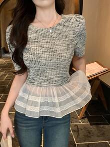 DAZY Women's Round Neck Korean Style Ruffle Trim Short Sleeve T-Shirt Summer - White - View 6