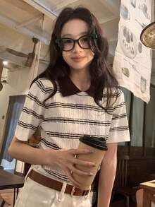 DAZY 女士春季新款撞色条纹提花针织Polo衫 - 黑與白 - 查看 8