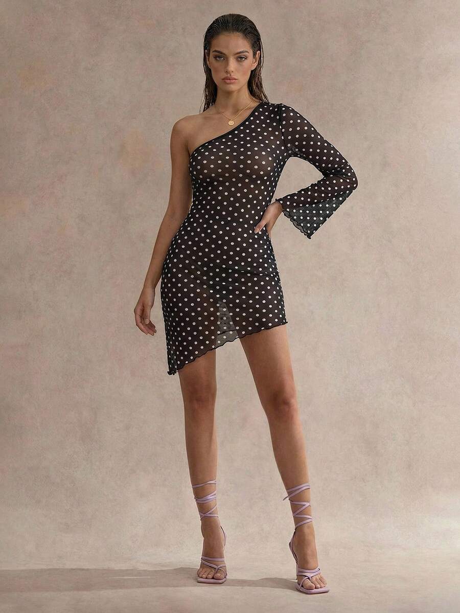Glamine 女士夏季沙滩时尚单肩喇叭袖畅销黑白波点印花半透明连体衣 - 黑與白 - 查看 1